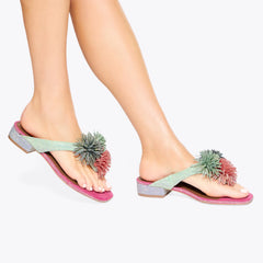 pom pom t-bar flat sandal
